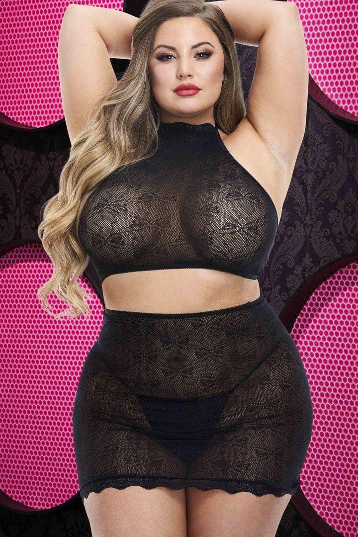 Plus Size Crop Top and Skirt Set-Dancewear Sets-Lapdance Lingerie-Black-Q-SEXYSHOES.COM