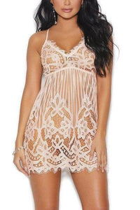 Elegant Moments Plus Size Eyelash Lace Chemise With Deep V Front in Nude  from SexyShoes.com