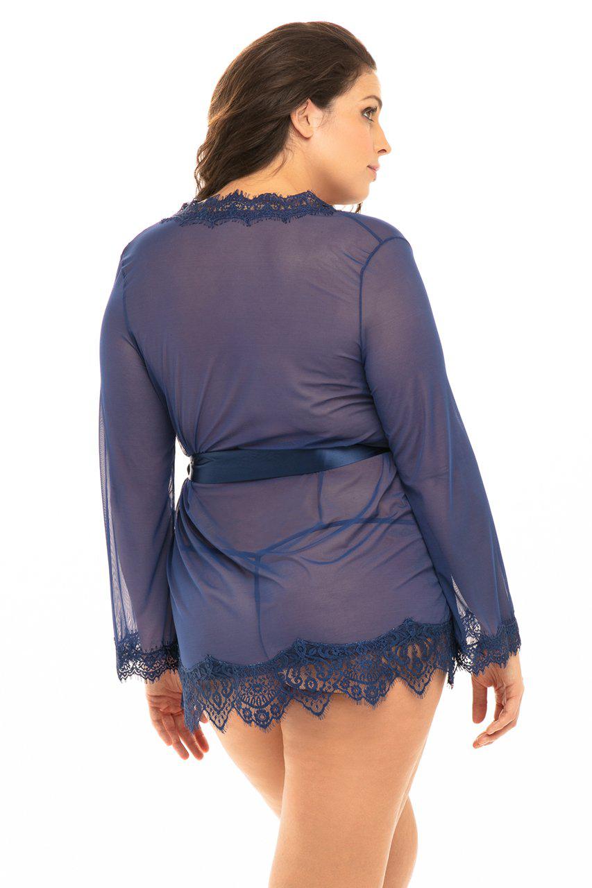 Oh La La Cheri Plus Size Eyelash Lace Robe in Blue 