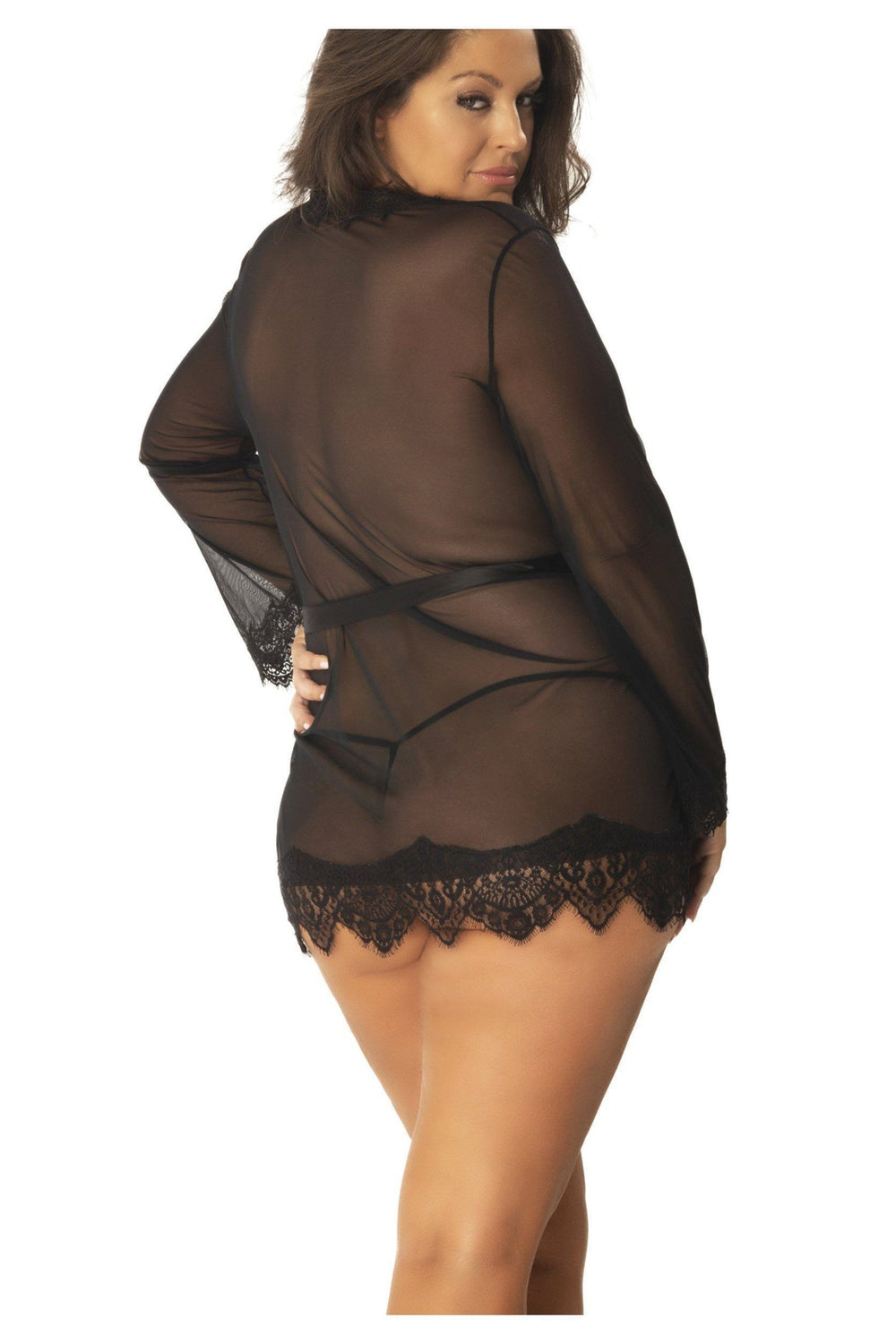 Plus Size Eyelash Lace Robe With Satin Sash + G-String-Oh La La Cheri-SEXYSHOES.COM