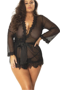 Oh La La Cheri Plus Size Eyelash Lace Robe With Satin Sash + G String in Black  from SexyShoes.com