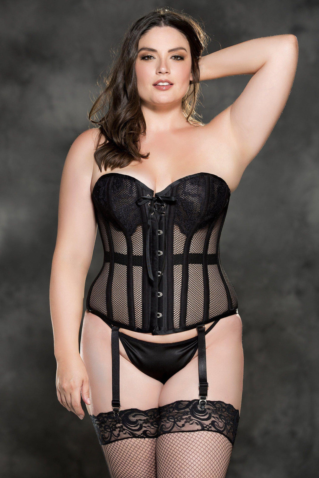 Intimate Attitudes Plus Size Fishnet Corset in Black  from SexyShoes.com