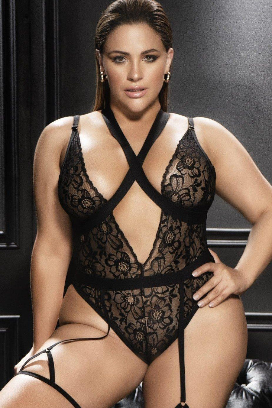 Mapale Plus Size Floral Lace Crotchless Bodysuit in Black  from SexyShoes.com