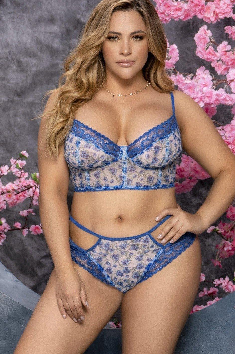 Plus Size Floral Printed Mesh Set-Plus Lingerie Sets-Mapale-SEXYSHOES.COM