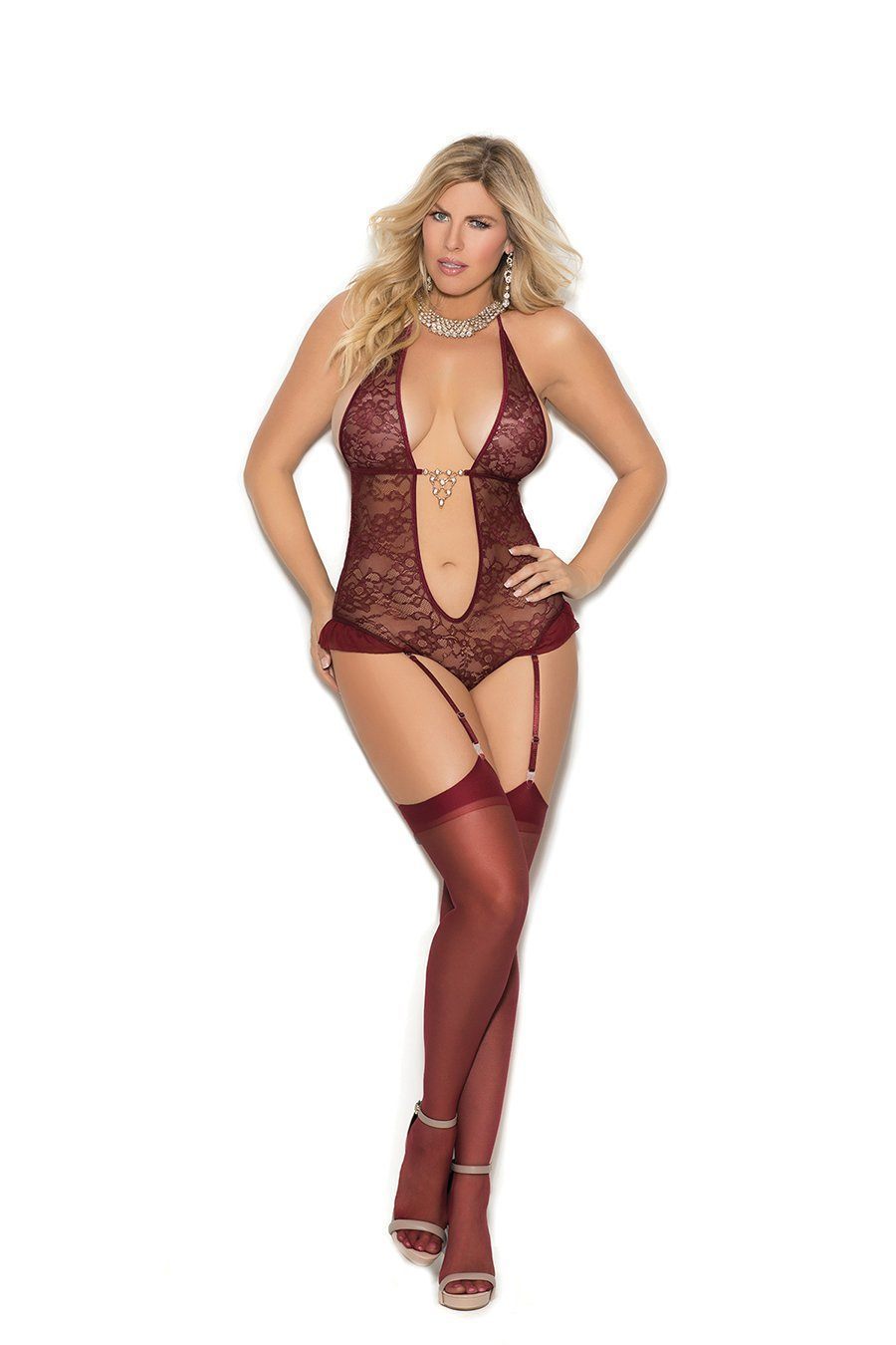 Elegant Moments Plus Size Lace Halter Style Teddy With Deep V And Garters in White 