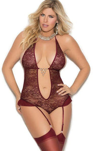 Elegant Moments Plus Size Lace Halter Style Teddy With Deep V And Garters in White  from SexyShoes.com