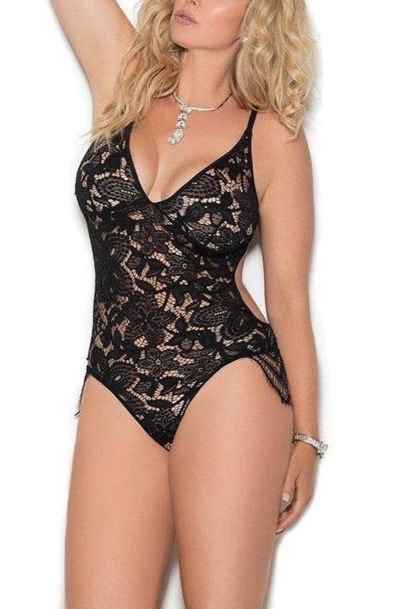 Elegant Moments Plus Size Lace Teddy With Adjustable Straps And Eyelash Lace Side Detail in Black  from SexyShoes.com