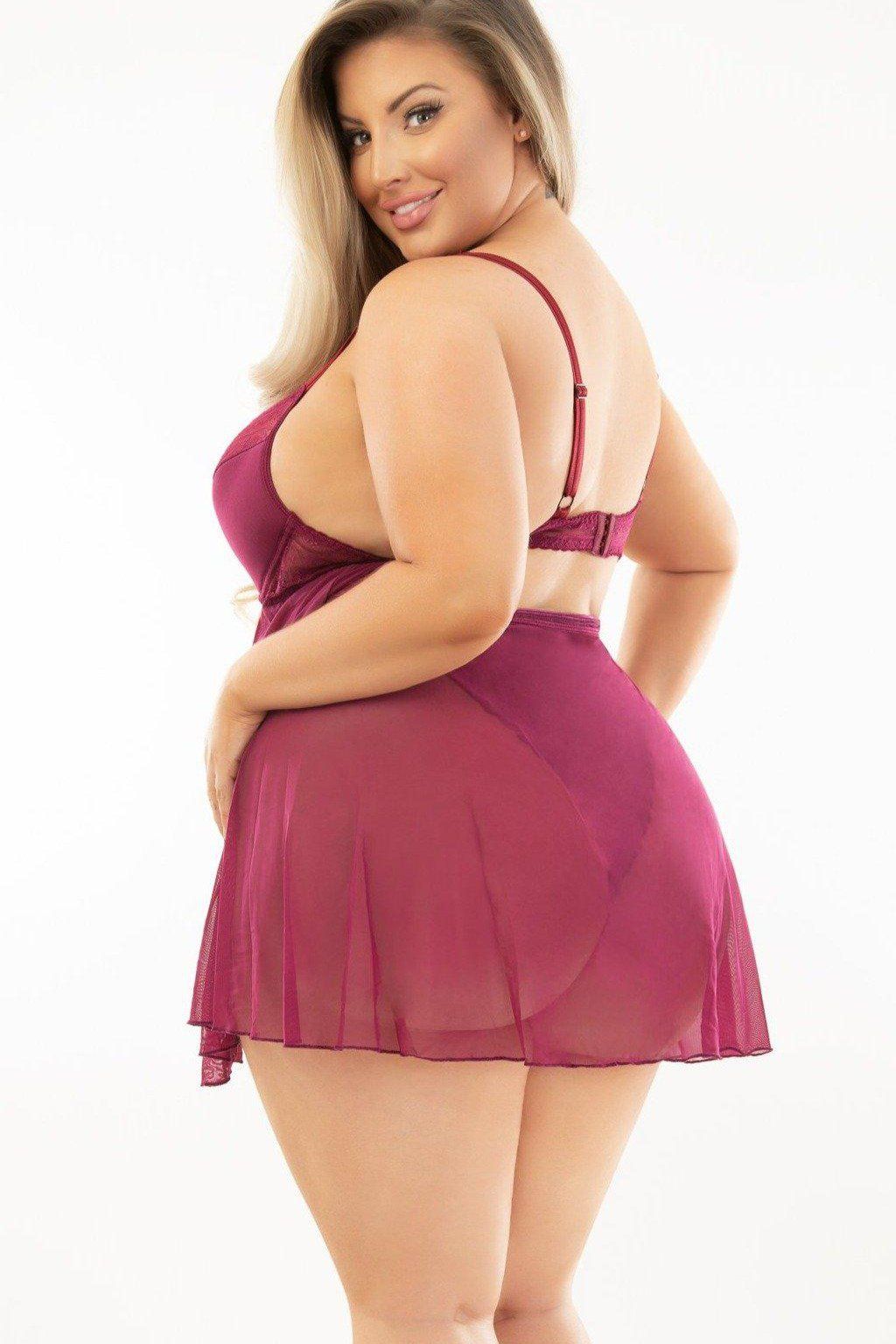 Escante Plus Size Lace Teddy with Babydoll Skirt in Burgundy 