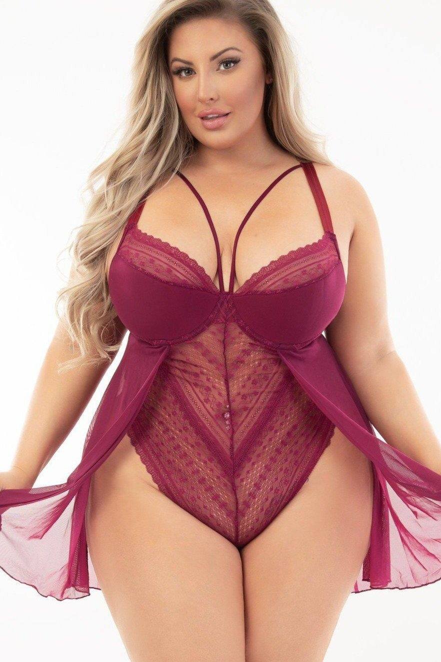 Plus Size Lace Teddy with Babydoll Skirt-Plus Teddy-Escante-SEXYSHOES.COM