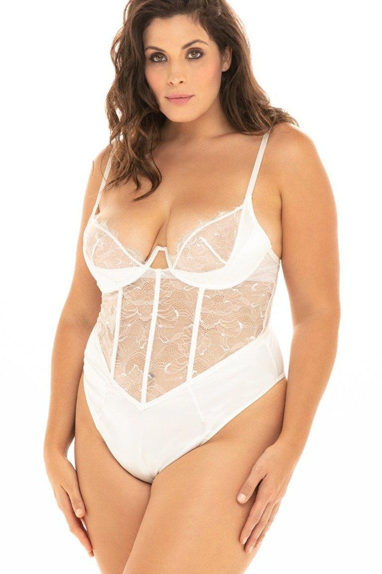 Oh La La Cheri Plus Size Lace Trimmed Satin Insert Teddy in White  from SexyShoes.com
