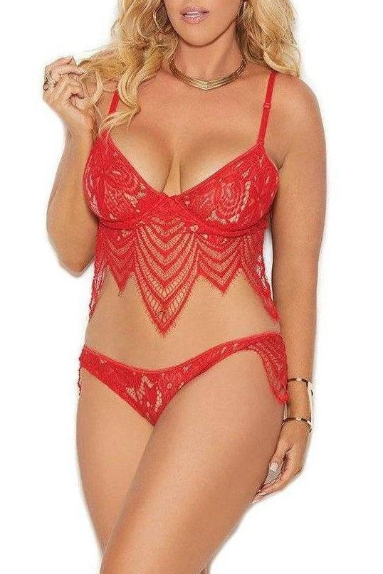 Elegant Moments Plus Size Lace Underwire Bralette With Matching Panty in Red  from SexyShoes.com