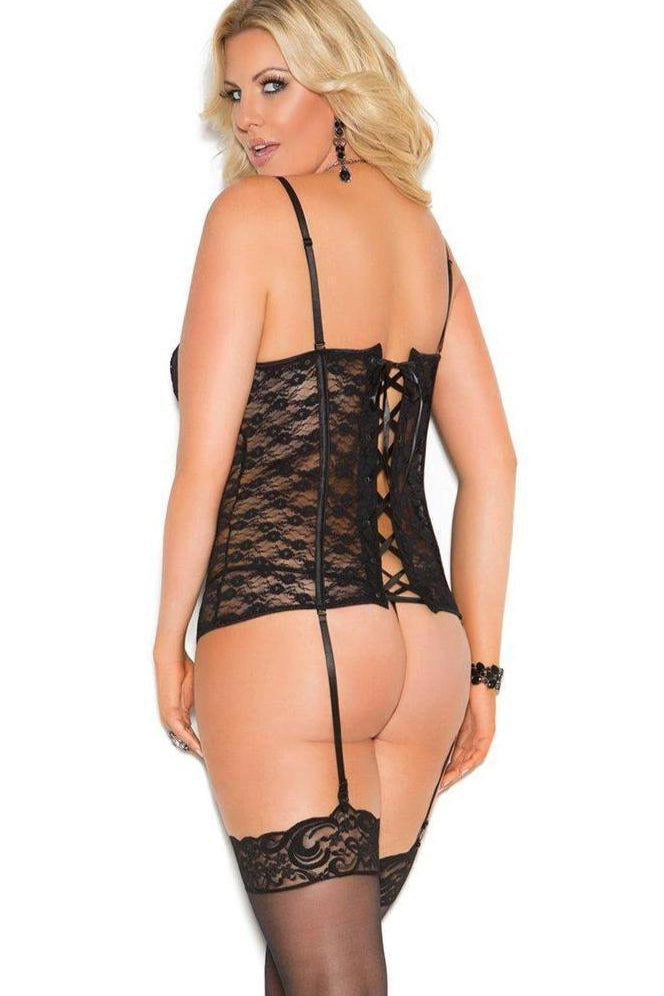 Elegant Moments Plus Size Lace Underwire Bustier With G String And Garters in Black 