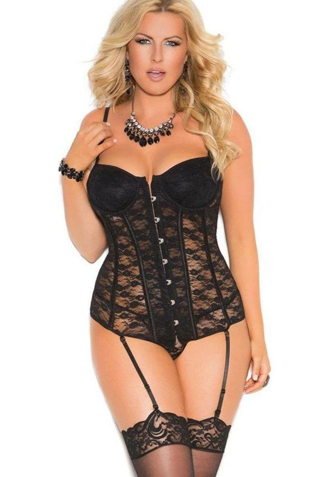 Elegant Moments Plus Size Lace Underwire Bustier With G String And Garters in Black  from SexyShoes.com