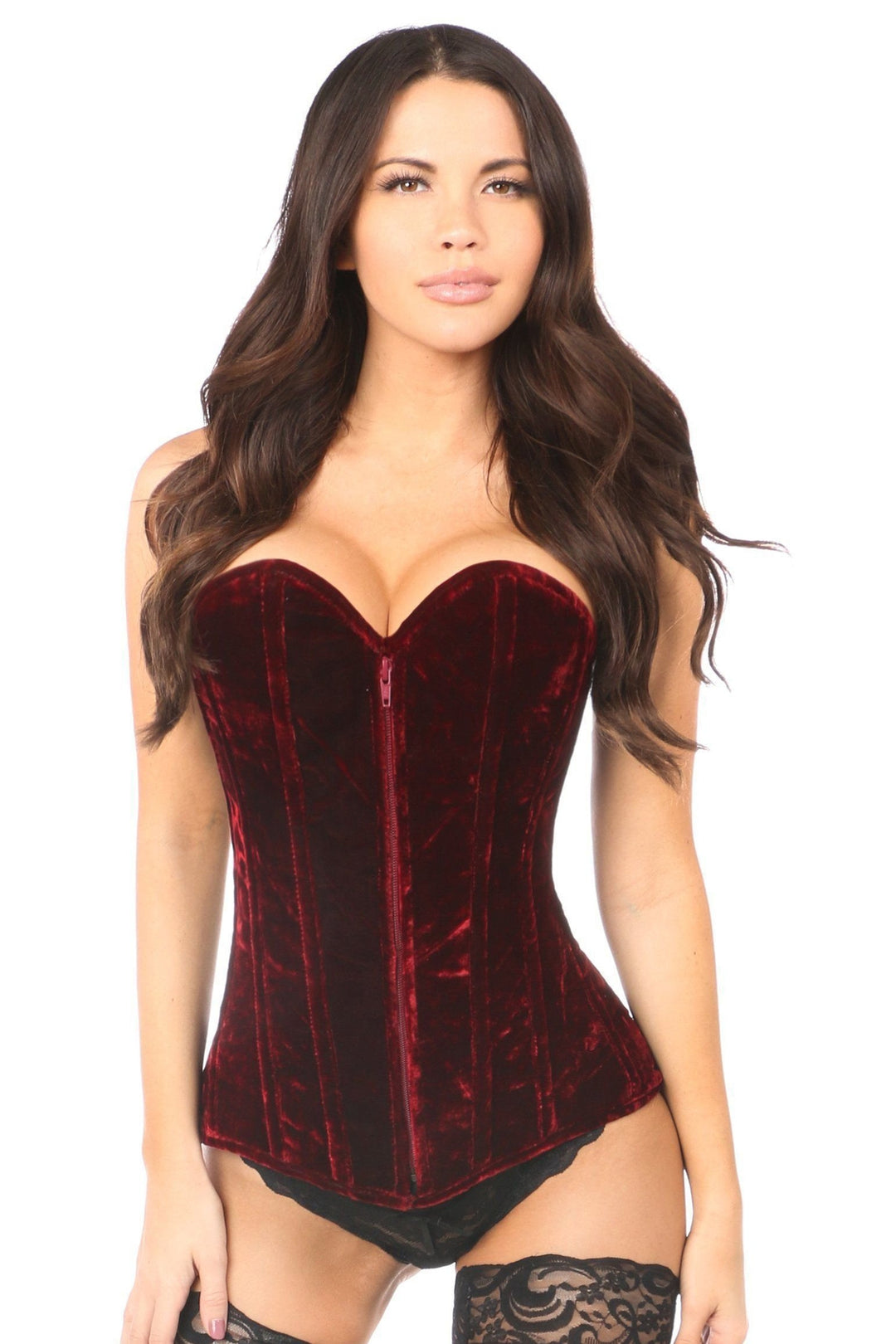 Plus Size Lavish Red Crushed Velvet Overbust Corset-Daisy Corsets-SEXYSHOES.COM