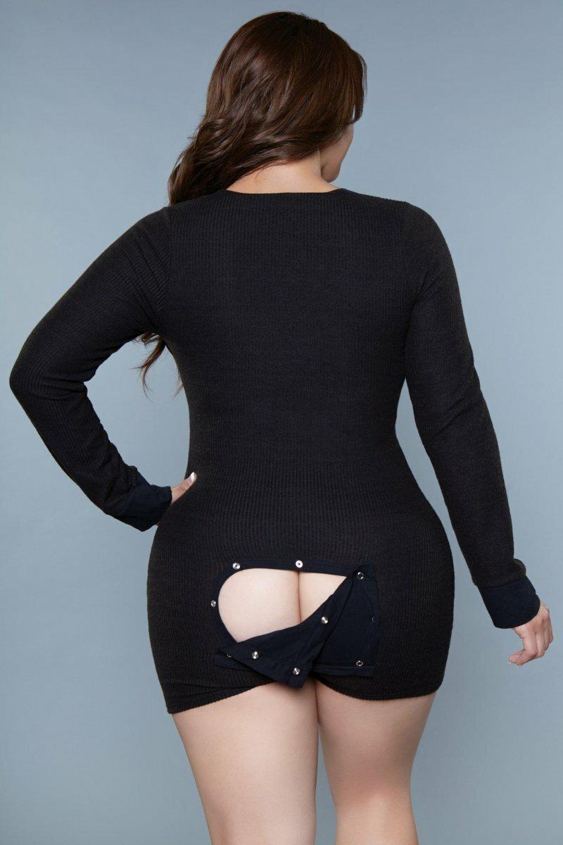 BeWicked Plus Size Long Sleeve Sleep Romper in Black 