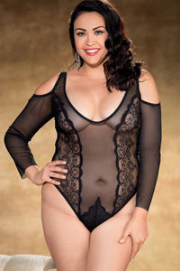 Plus Size Long Sleeve Stretch Lace Teddy-Plus Teddy-Intimate Attitudes-SEXYSHOES.COM