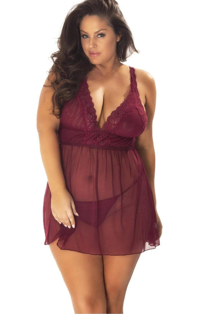 Plus Size Mesh And Lace Frame Empire Babydoll With G-String-Oh La La Cheri-SEXYSHOES.COM