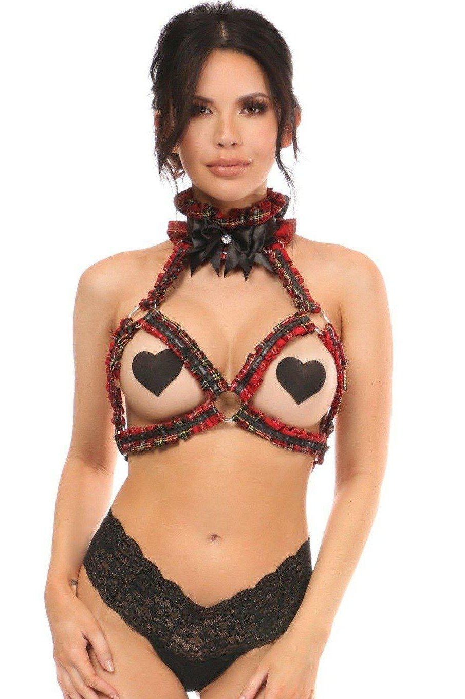 Plus Size Plaid Triangle Top Body Harness-Wings + Harness-Daisy Corsets-Red-Q-SEXYSHOES.COM