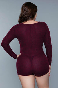 BeWicked Plus Size Scoop Neck Long Sleeve Sleep Romper in Burgundy 