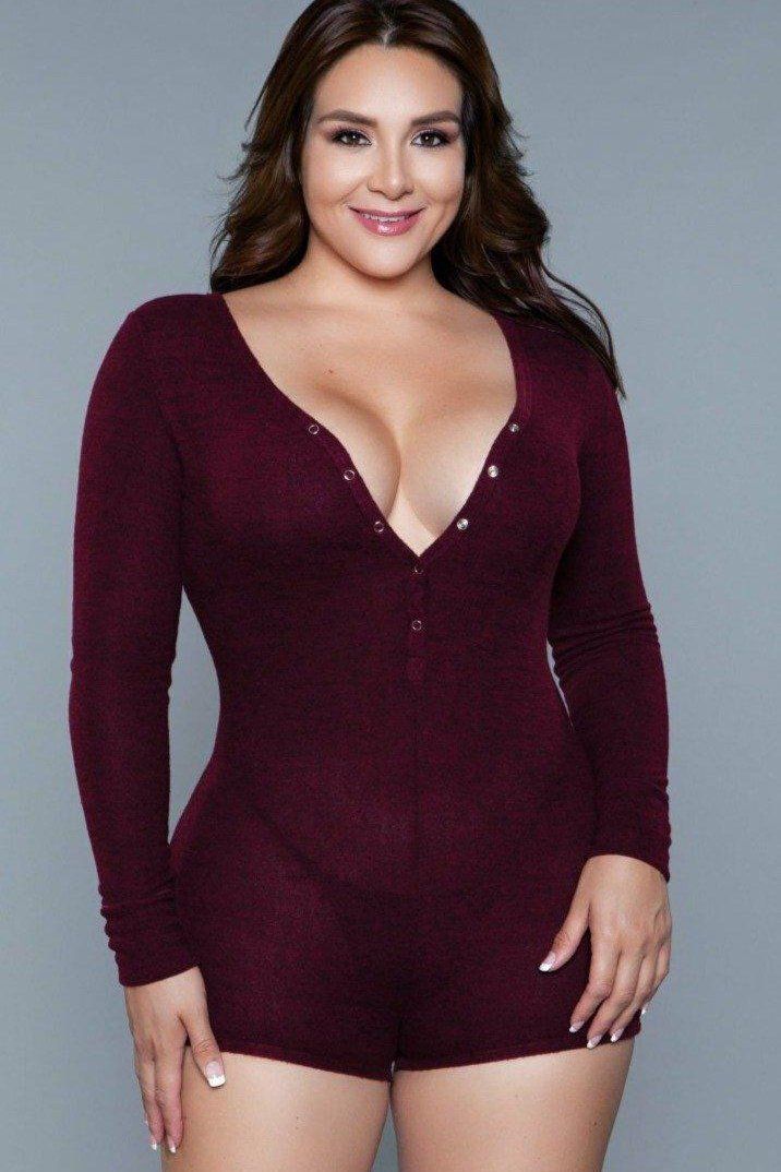 BeWicked Plus Size Scoop Neck Long Sleeve Sleep Romper in Burgundy  from SexyShoes.com