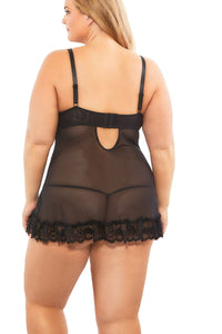 Oh La La Cheri Plus Size Soft Cup Lacey Babydoll G String Set in Black 