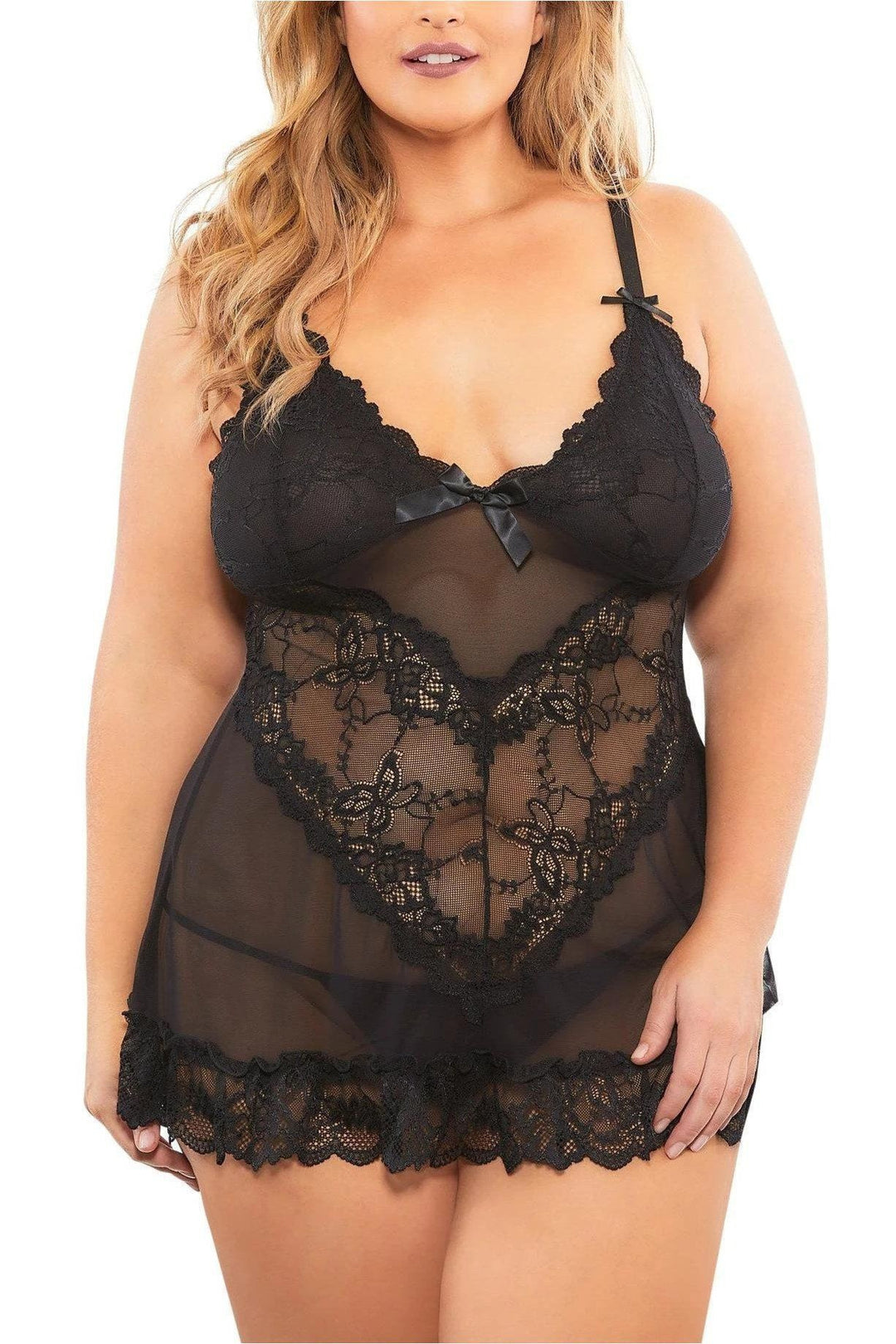Oh La La Cheri Plus Size Soft Cup Lacey Babydoll G String Set in Black  from SexyShoes.com
