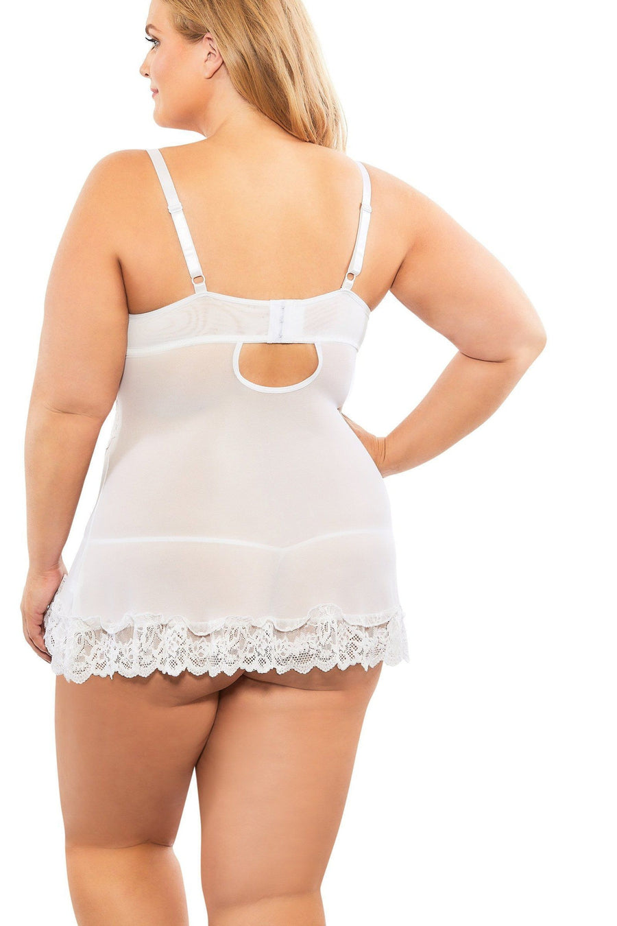 Oh La La Cheri Plus Size Soft Cup Lacey Babydoll With Bows And G String in White 