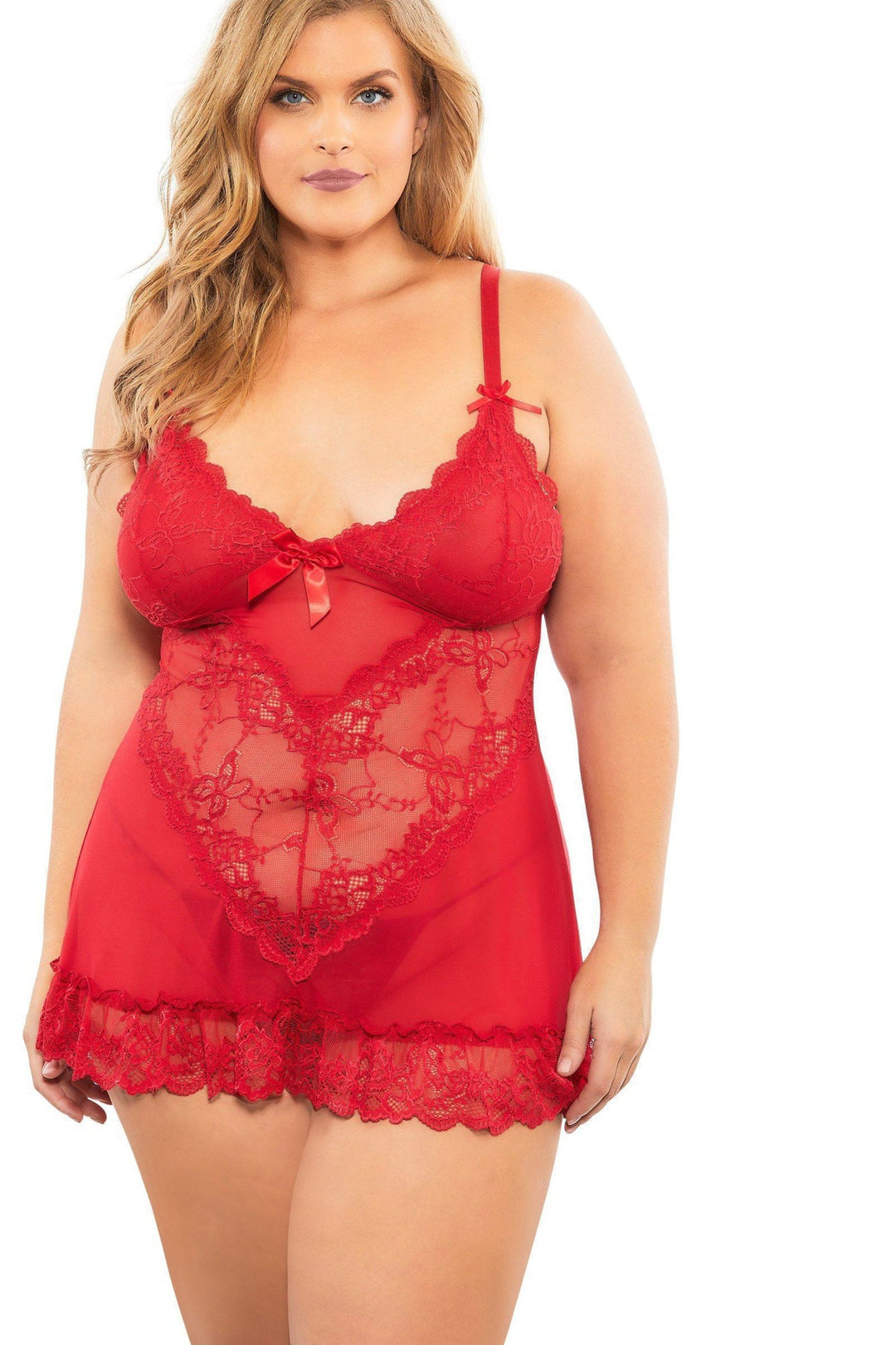 Oh La La Cheri Plus Size Soft Cup Lacey Babydoll With Bows And G String in Red  from SexyShoes.com