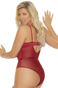 Elegant Moments Plus Size Strappy Front Underwire Teddy in Burgundy 