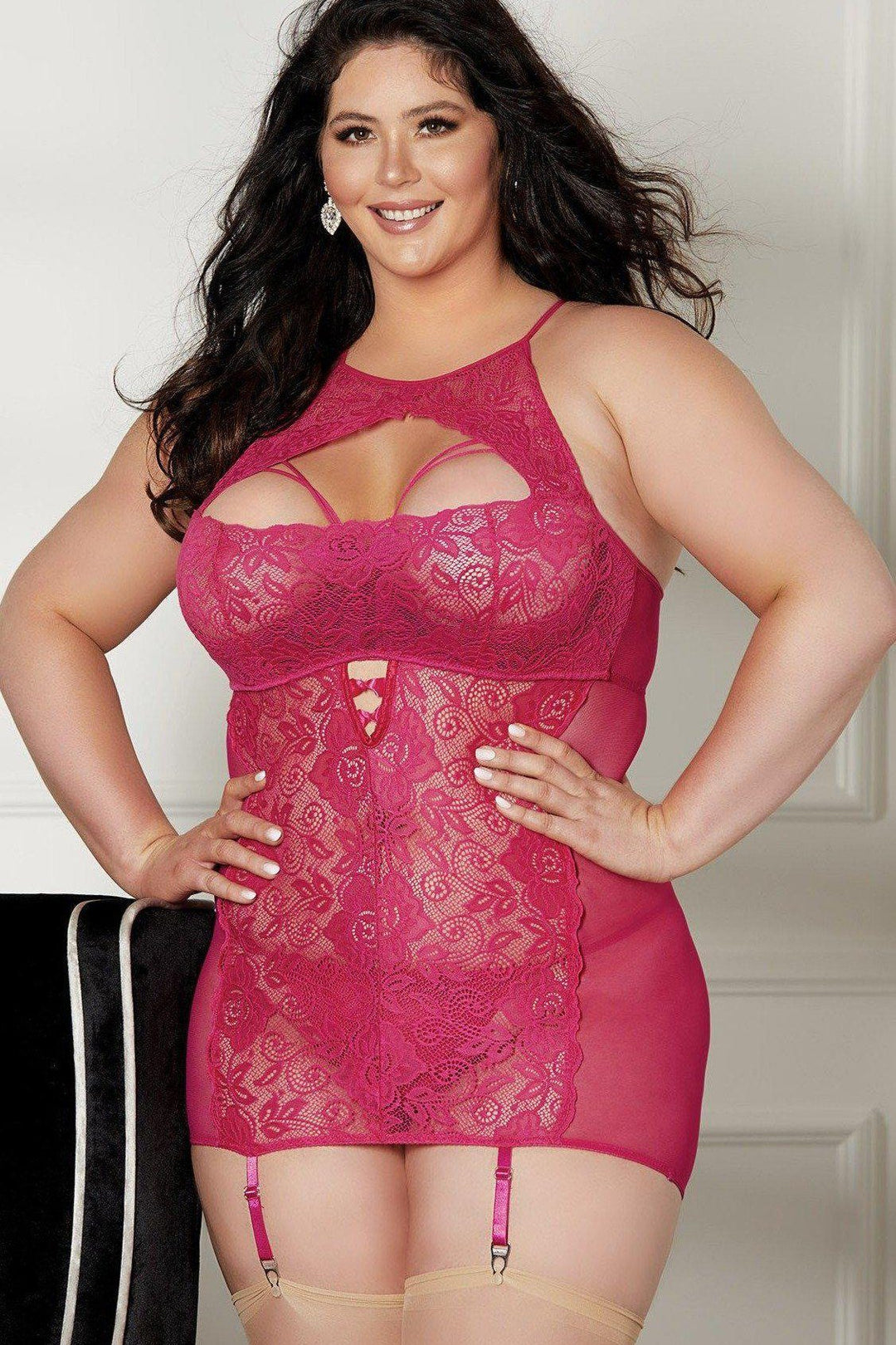 Shirley of Hollywood Stretch Lace Gartered Chemise in Pink  from SexyShoes.com