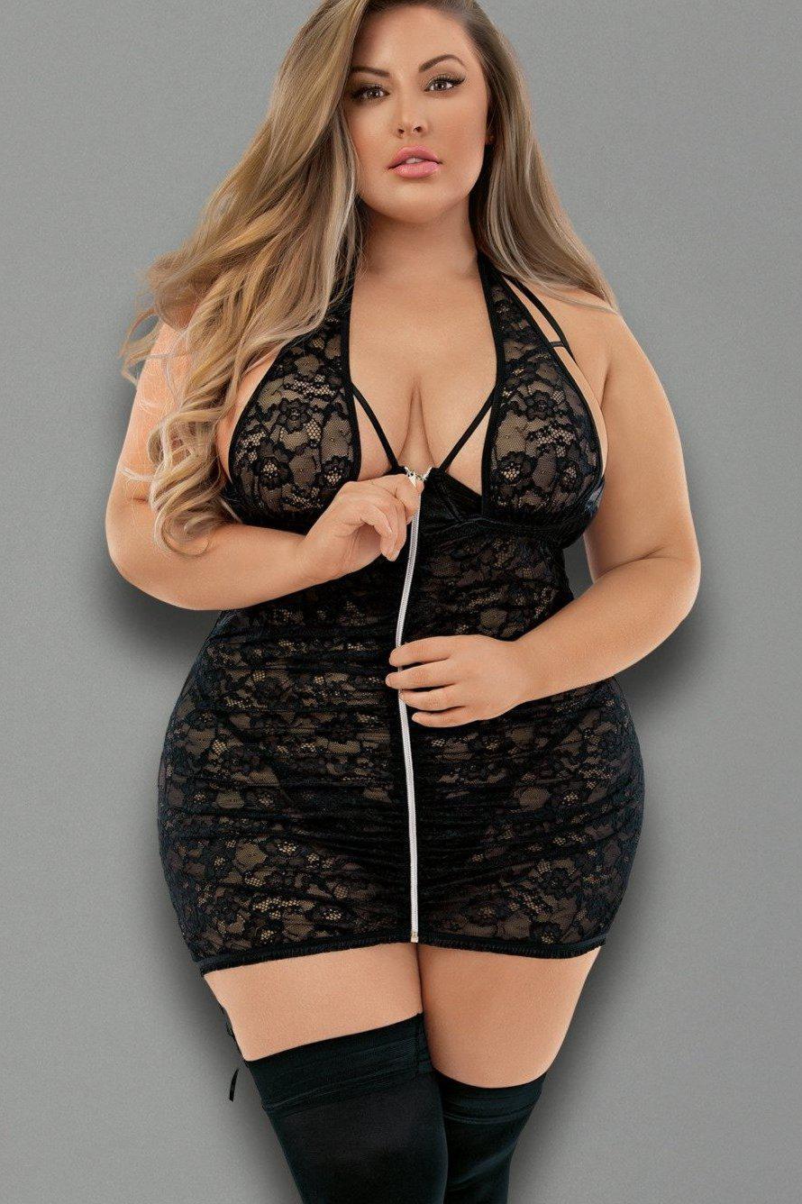 Plus Size Zip Front Chemise with Stockings-Plus Chemise-Escante-Black-Q-SEXYSHOES.COM