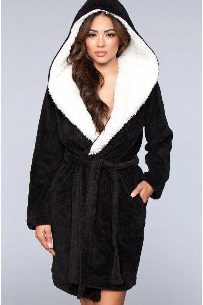 Plush Fleece Hooded Robe-Robes-BeWicked-Black-S/M-SEXYSHOES.COM