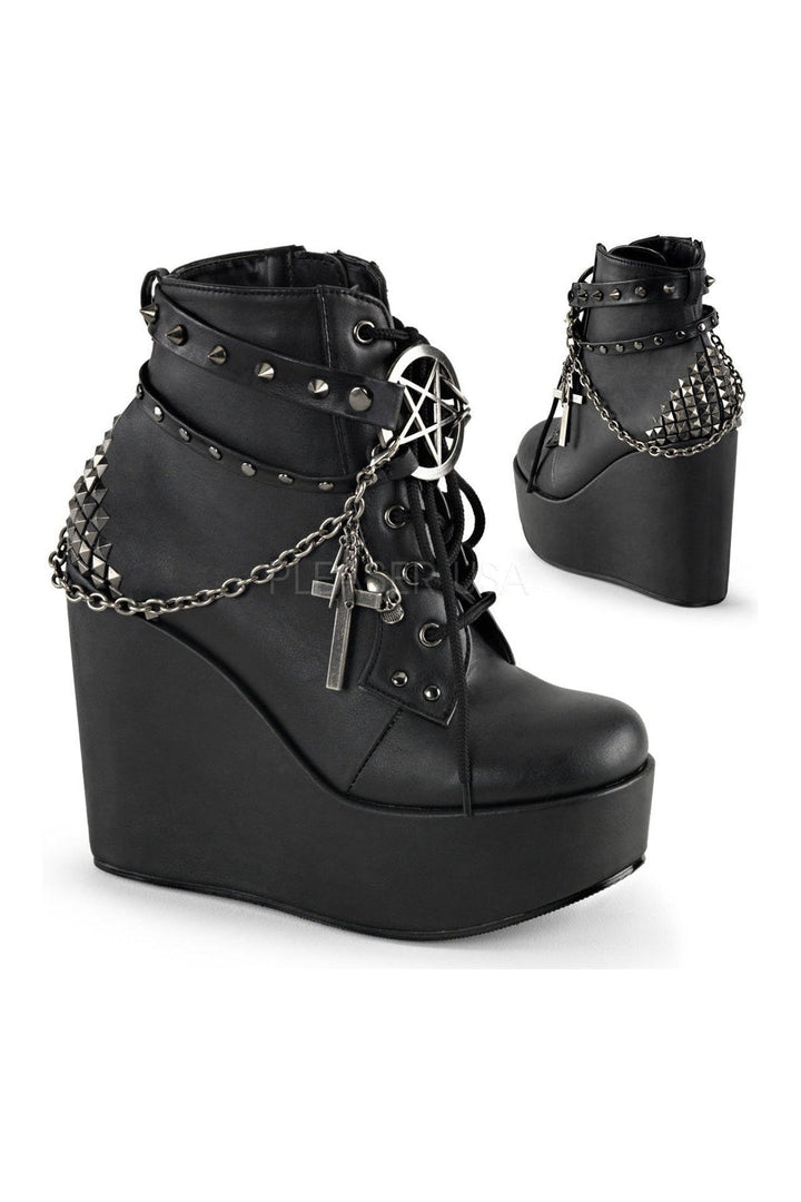 POISON-101 Demonia Wedge | Black Faux Leather-Demonia-Black-Ankle Boots-SEXYSHOES.COM