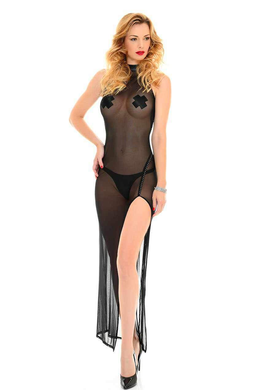 Patrice Catanzaro Poussycat Edgy Long Dress in Black Mesh