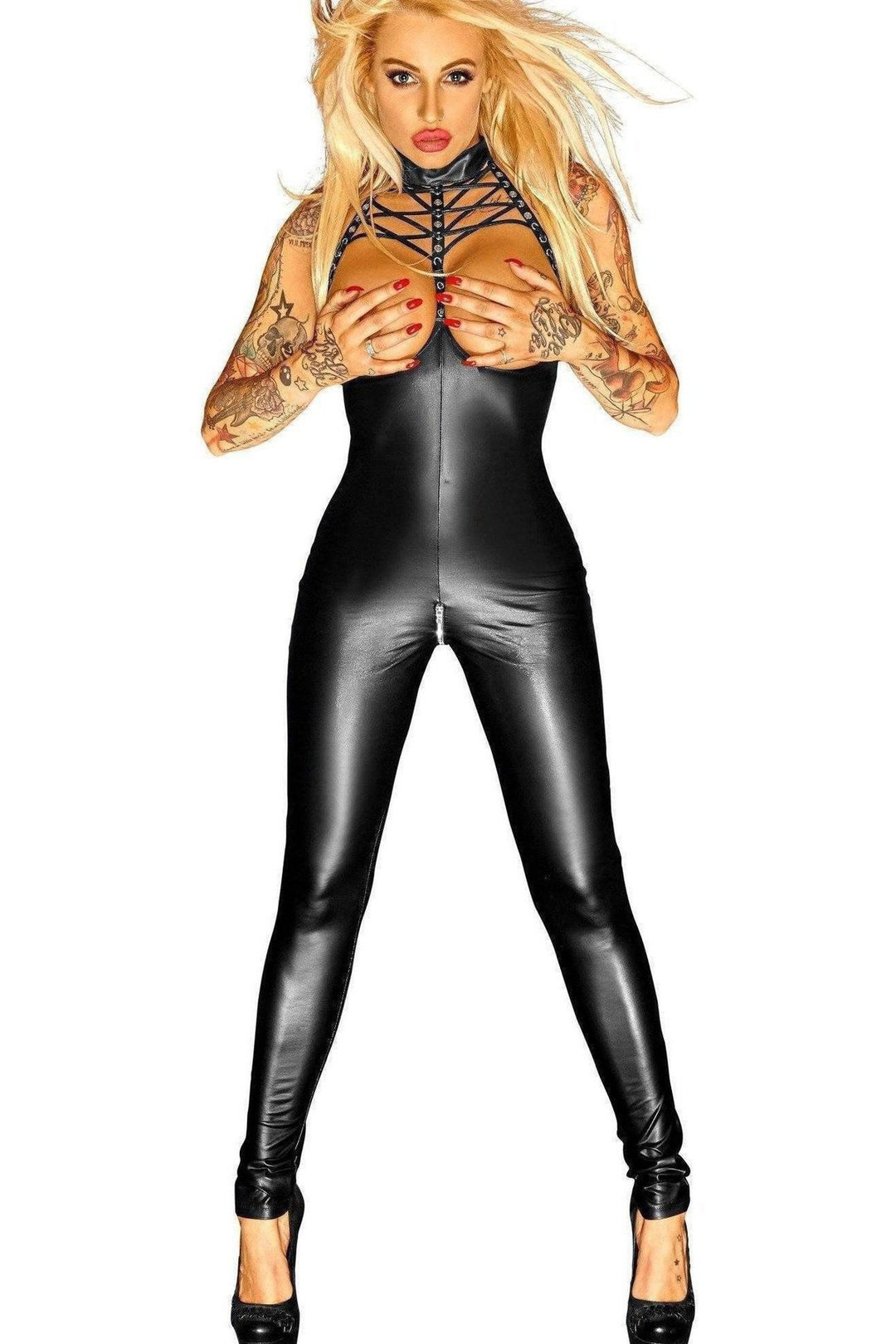 Noir Handmade Powerwetlook Breast Free Strappy Suit in Black Faux Leather