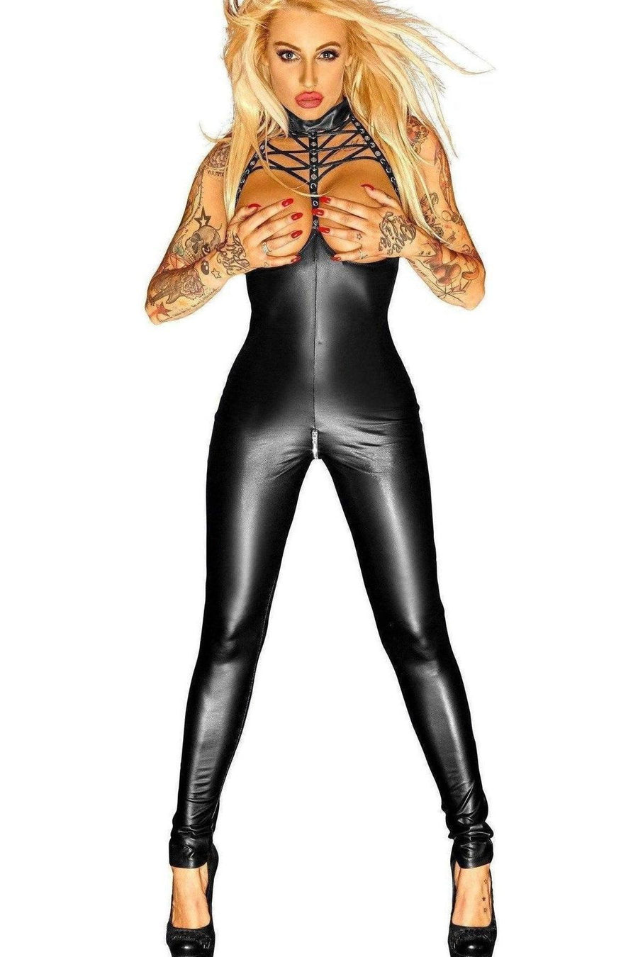 Noir Handmade Powerwetlook Breast Free Strappy Suit in Black Faux Leather