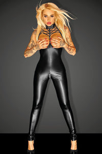 Noir Handmade Powerwetlook Breast Free Strappy Suit in Black Faux Leather from SexyShoes.com