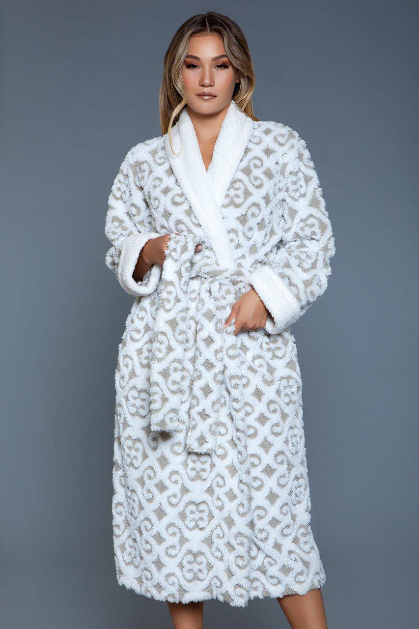 Printed Long Flannel Robe-Gowns + Robes-BeWicked-White-S/M-SEXYSHOES.COM