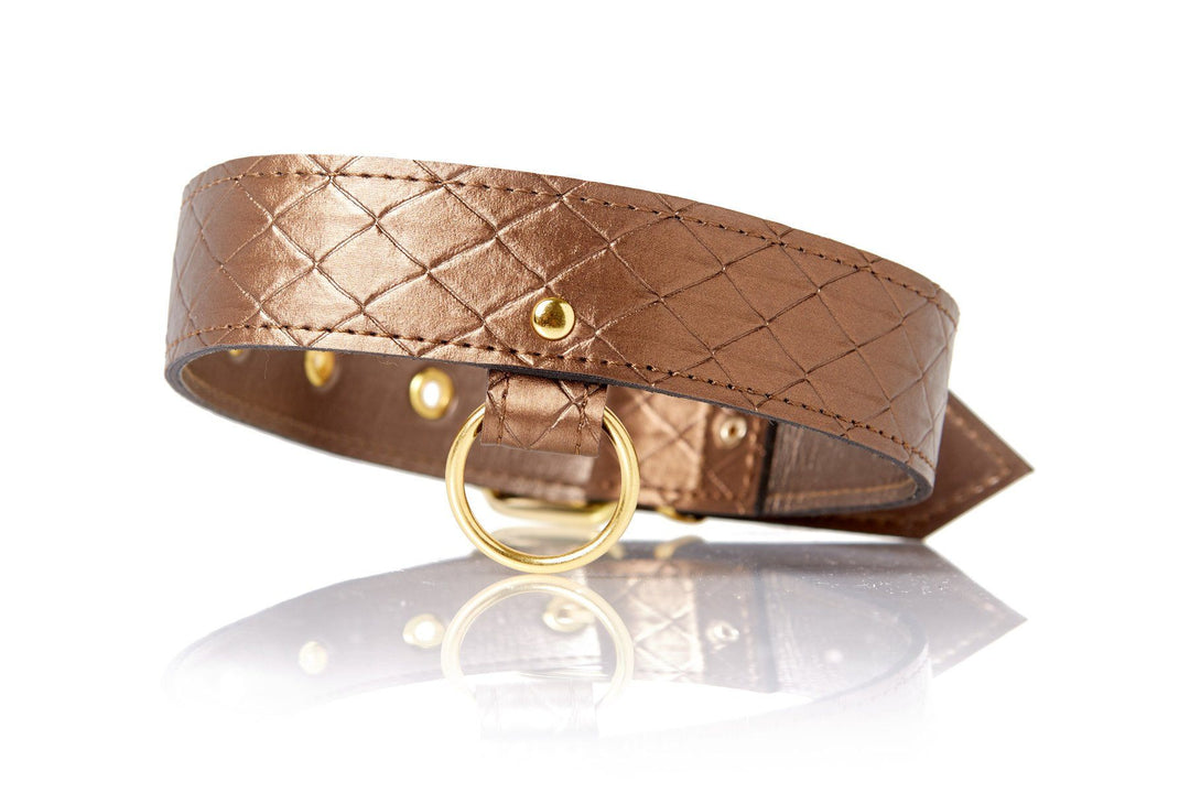 Quilted Embossed Collar and Leash Set-Leashes + Crops-X-Play-Gold-O/S-SEXYSHOES.COM