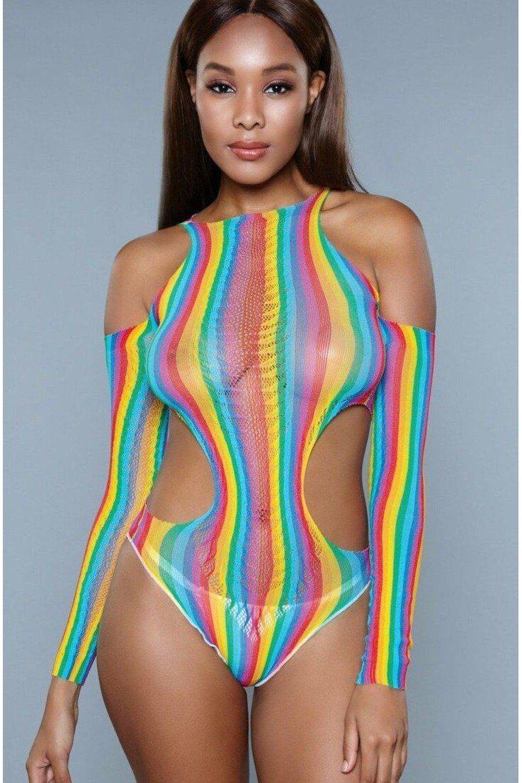 Rainbow Cold Shoulder Bodysuit-Bodysuits-BeWicked-Multi-O/S-SEXYSHOES.COM