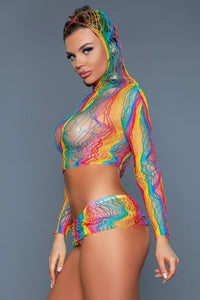 Rainbow Net Hooded Top and Skirt Set-Dancewear Sets-BeWicked-SEXYSHOES.COM