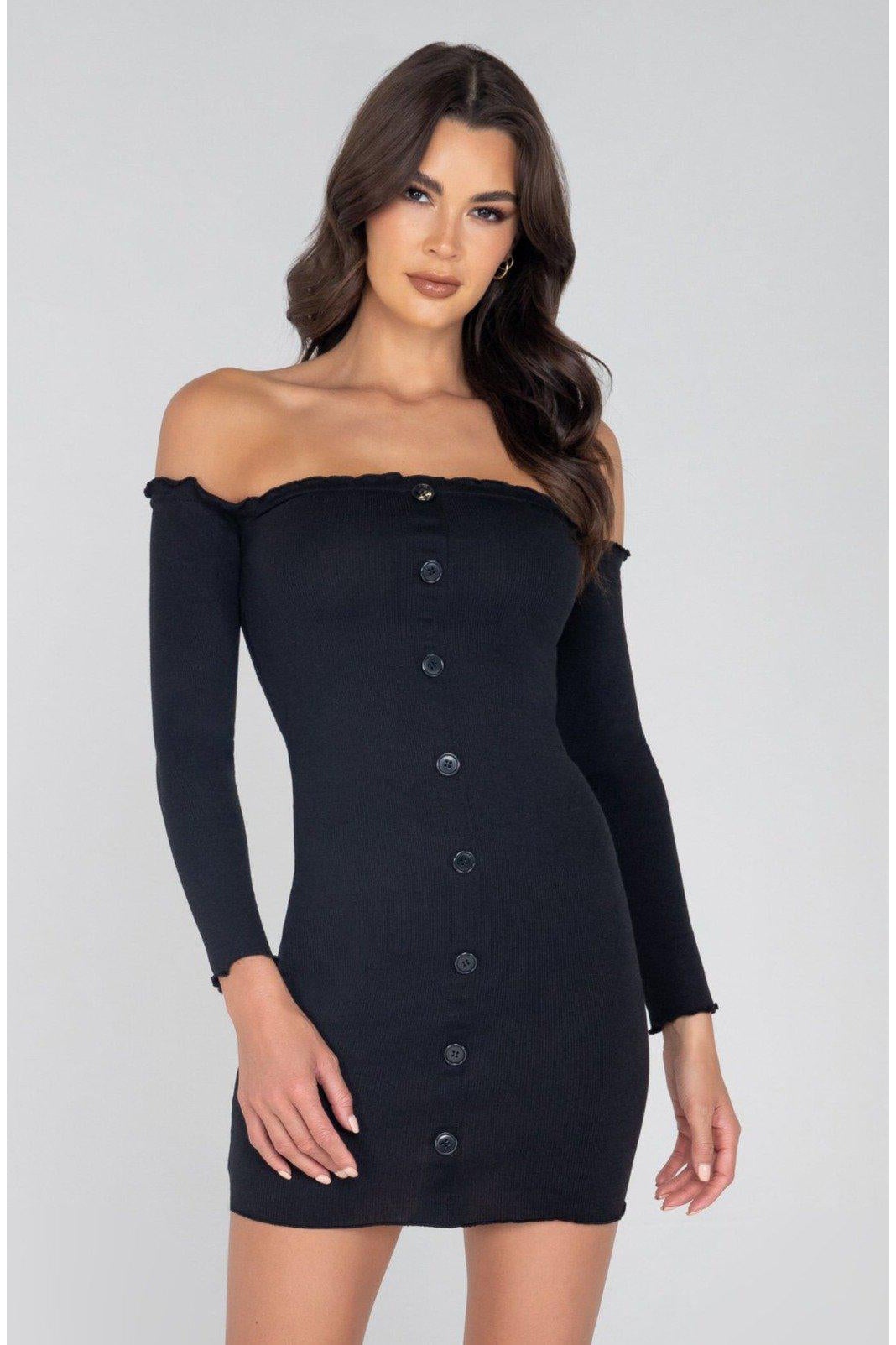 Ribbed Off Shoulder Mini Dress-Club Dresses-Roma Confidential-Black-L-SEXYSHOES.COM