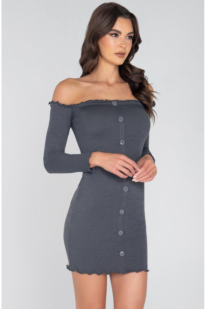 Ribbed Off Shoulder Mini Dress-Club Dresses-Roma Confidential-Grey-L-SEXYSHOES.COM