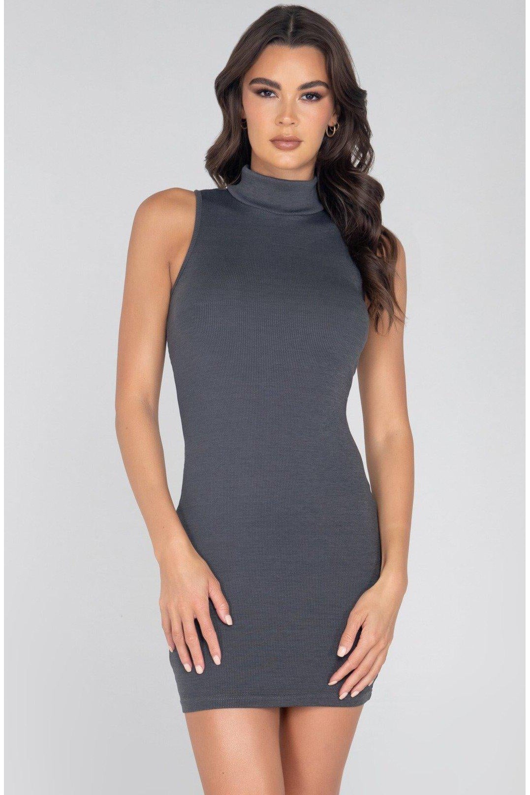 Ribbed Turtle Neck Sleeveless Dress-Club Dresses-Roma Confidential-Grey-L-SEXYSHOES.COM
