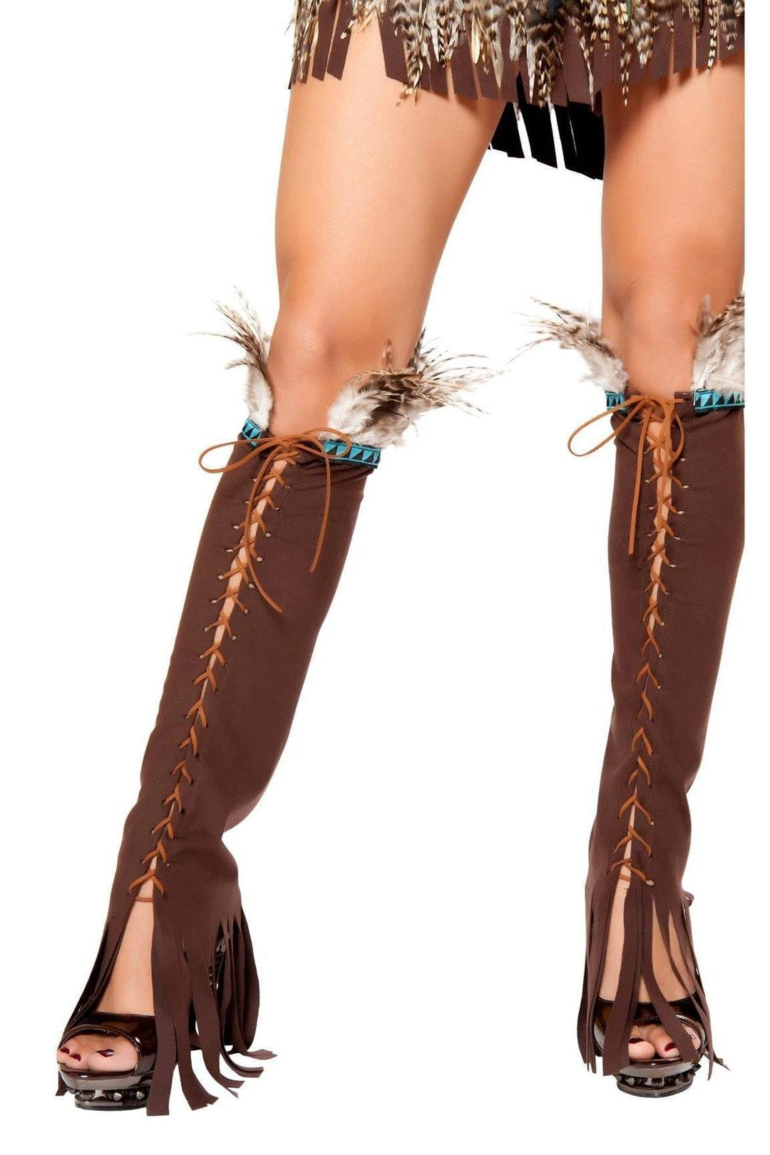 Roma Lace up Suede Leg Warmer with Feather and Fringe Detail-SEXYSHOES.COM