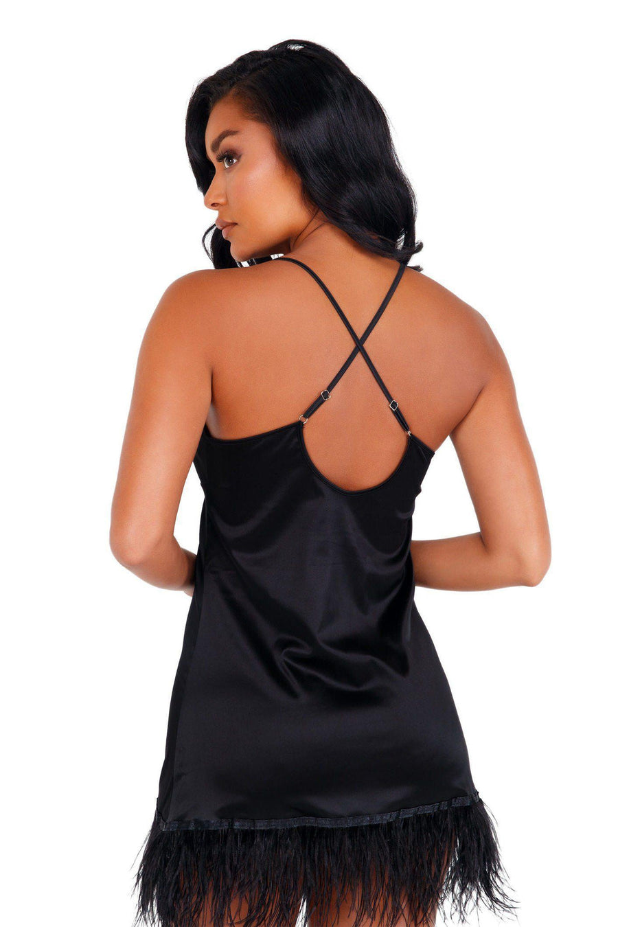 Satin Chemise with Feather Trim-Chemise-Roma Confidential-SEXYSHOES.COM