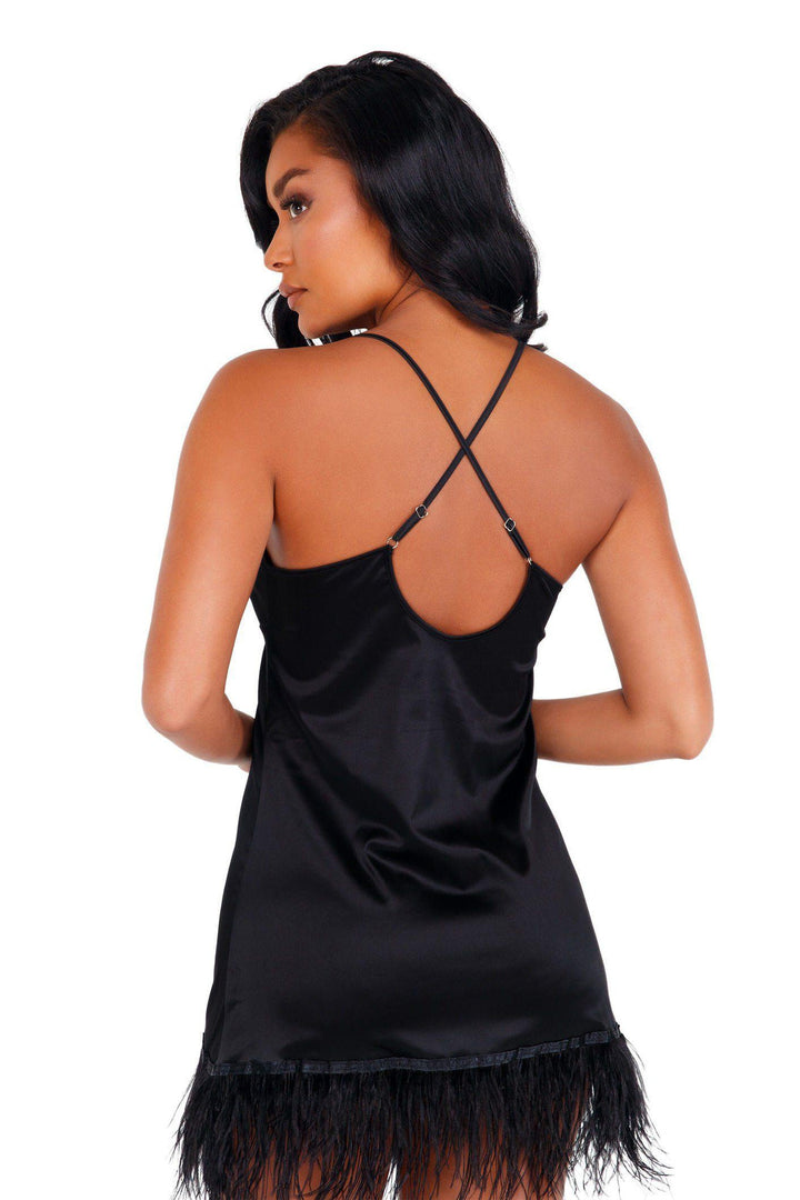 Satin Chemise with Feather Trim