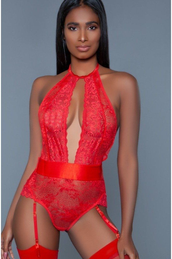 BeWicked Satin Trimmed Floral Lace Bodysuit in Red  from SexyShoes.com