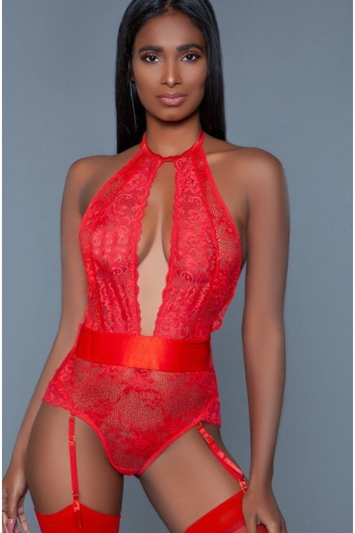 Satin Trimmed Floral Lace Bodysuit-Bodysuits-BeWicked-Red-S-SEXYSHOES.COM
