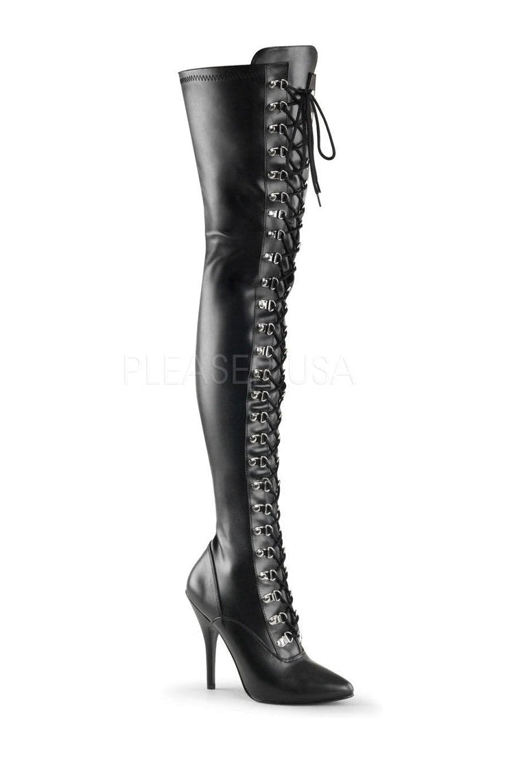 SEDUCE-3024 Thigh Boot | Black Faux Leather-Pleaser-Black-Thigh Boots-SEXYSHOES.COM